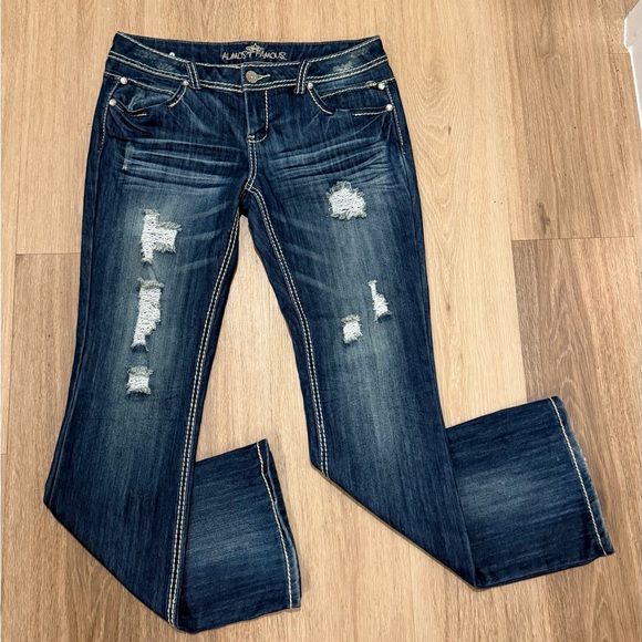 Almost Famous Denim - Almost Famous Women's Dark Blue Distressed Boot Cut Jeans size 11